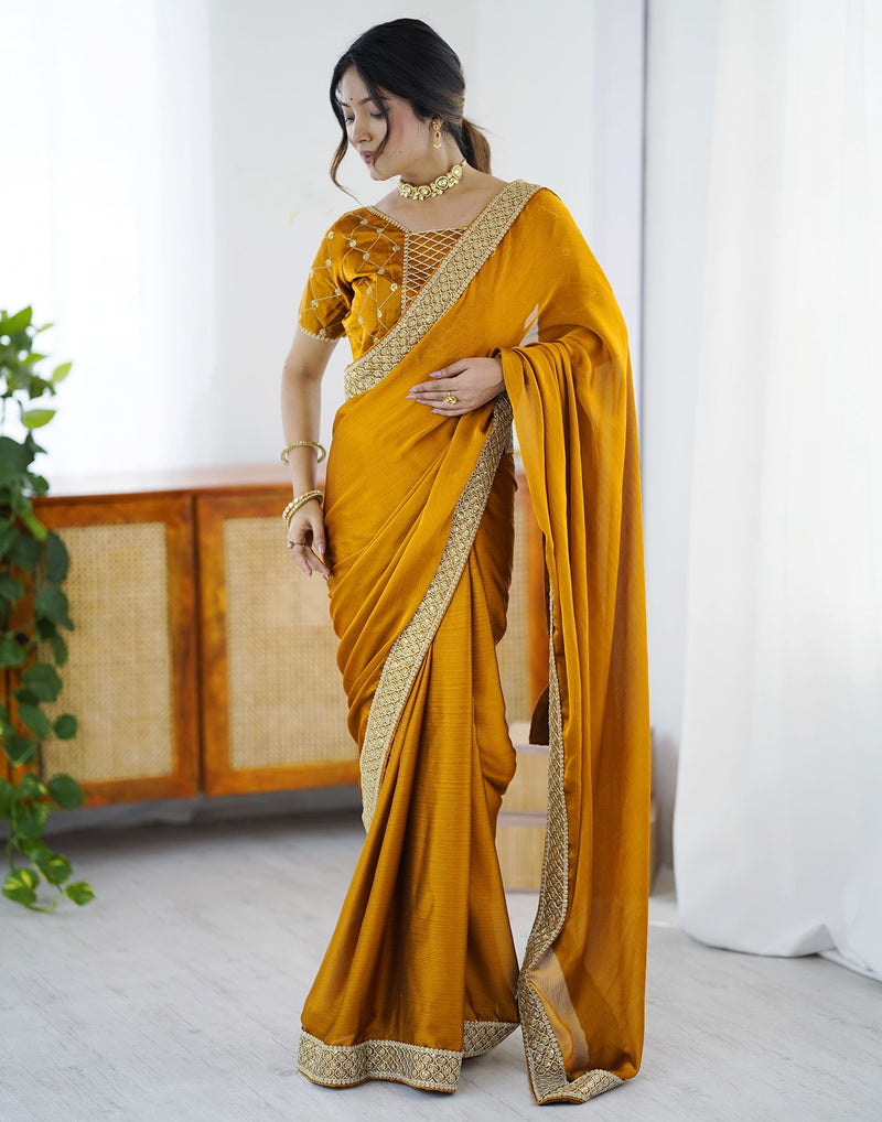 Yellow Chiffon Embroidery Lace Saree
