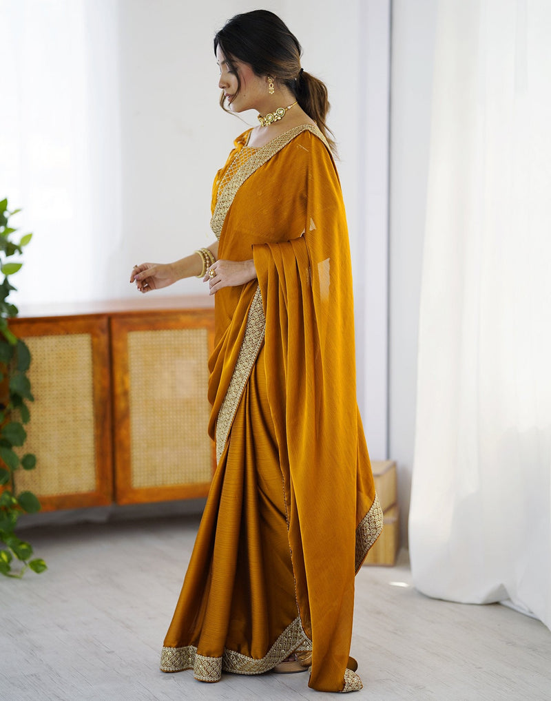 Yellow Chiffon Embroidery Lace Saree
