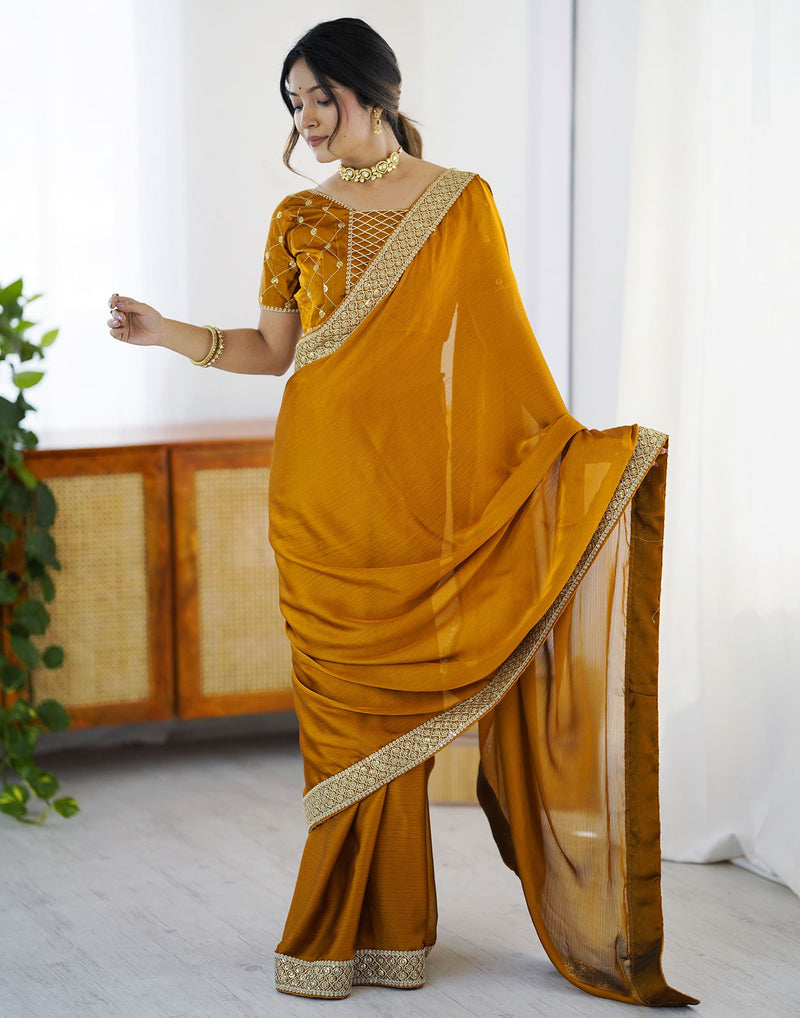 Yellow Chiffon Embroidery Lace Saree