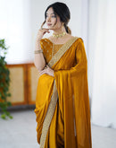 Yellow Chiffon Embroidery Lace Saree