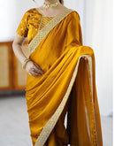 Yellow Chiffon Embroidery Lace Saree