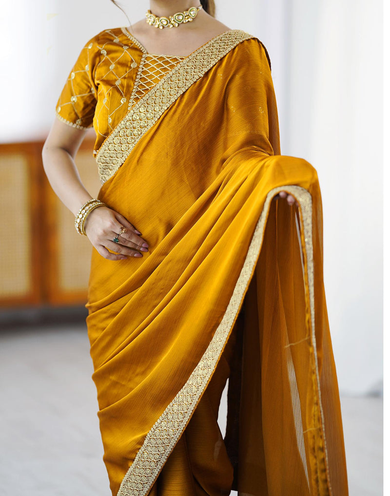 Yellow Chiffon Embroidery Lace Saree