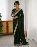 Bottle Green Chiffon Embroidery Lace Saree