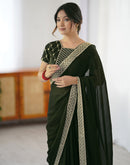 Bottle Green Chiffon Embroidery Lace Saree