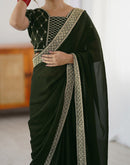 Bottle Green Chiffon Embroidery Lace Saree