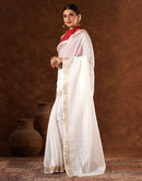 White Linen Zari work Plain Saree