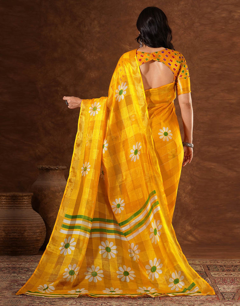 Yellow Silk Floral Printed Saree