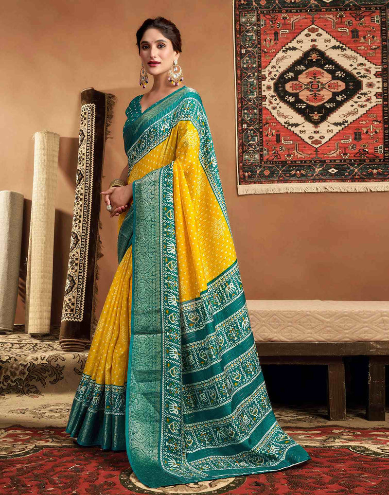 Yellow Silk Printed Bandhani Saree