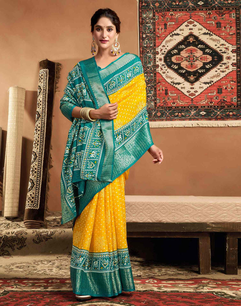 Yellow Silk Printed Bandhani Saree