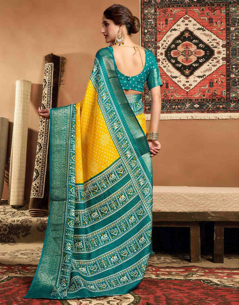 Yellow Silk Printed Bandhani Saree