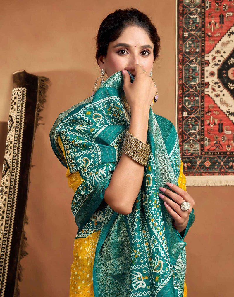 Yellow Silk Printed Bandhani Saree