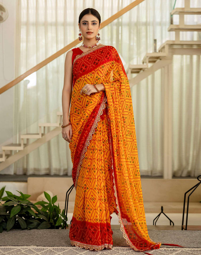 Yellow Georgette Printed Bandhani Saree