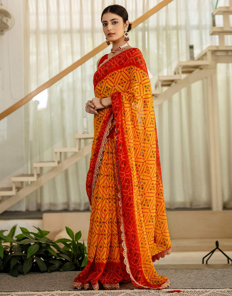 Yellow Georgette Printed Bandhani Saree