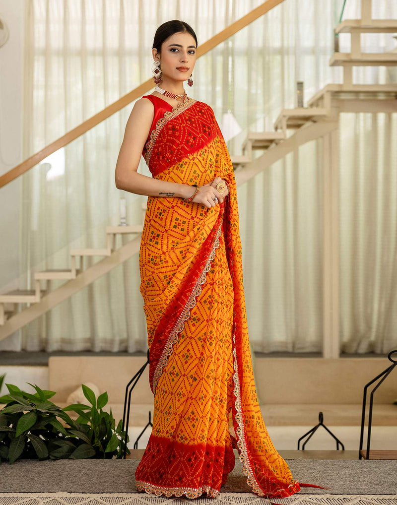 Yellow Georgette Printed Bandhani Saree