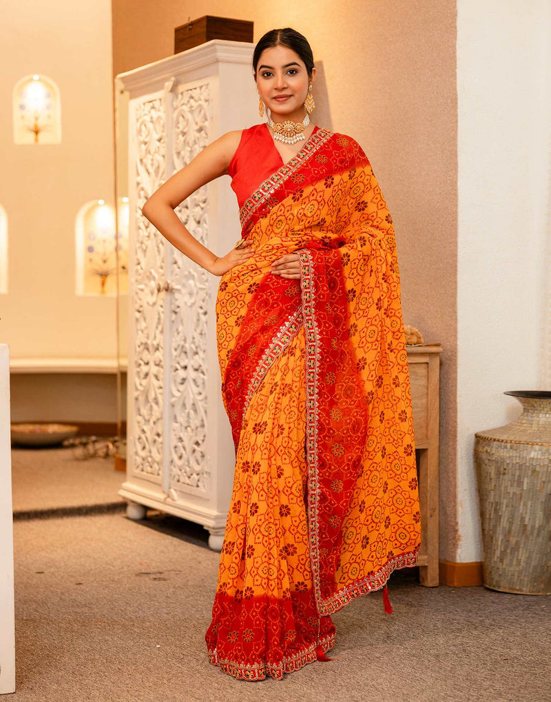 Yellow Georgette Printed Bandhani Saree