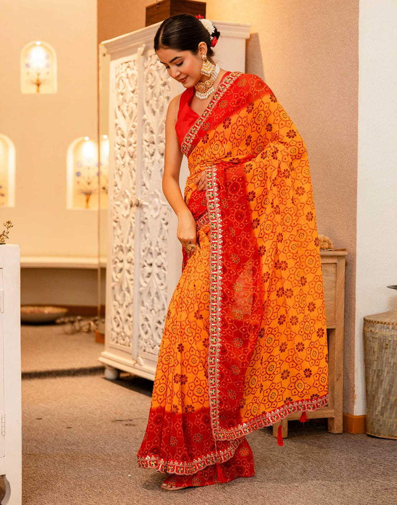Yellow Georgette Printed Bandhani Saree