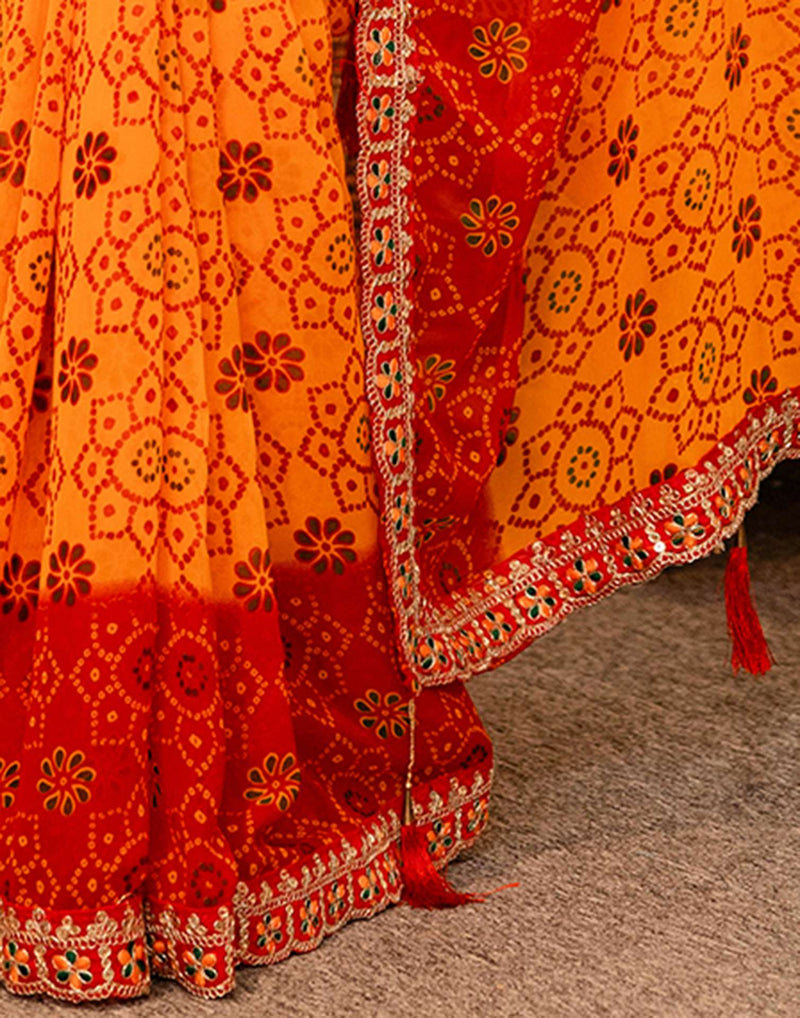 Yellow Georgette Printed Bandhani Saree