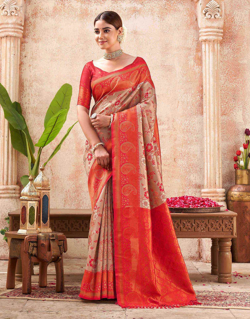 Beige Silk Woven Saree