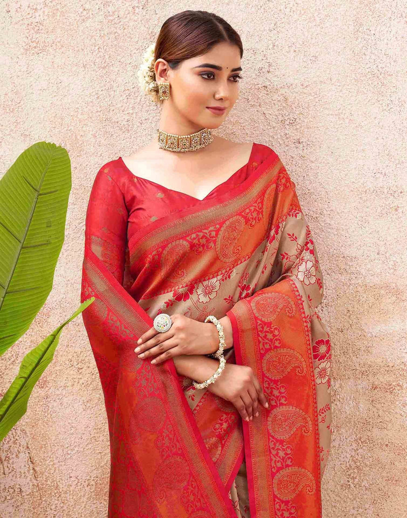 Beige Silk Woven Saree