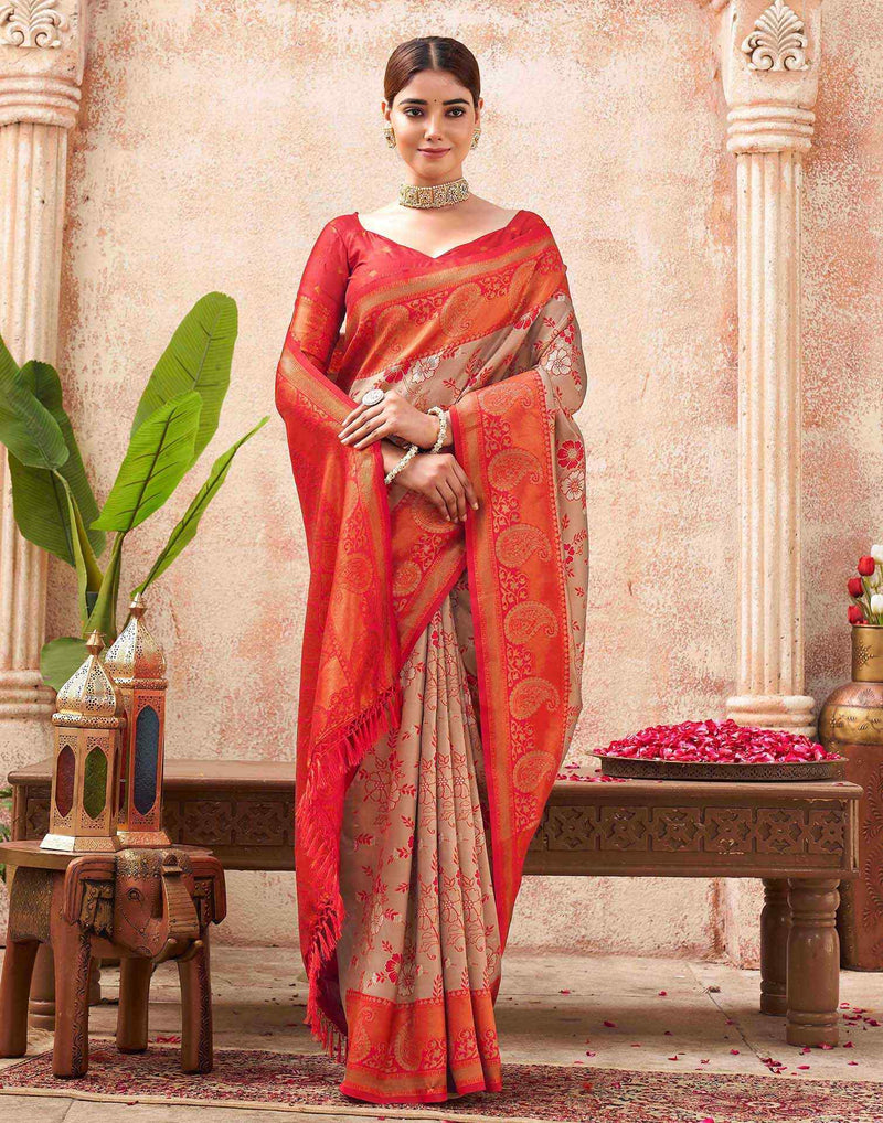 Beige Silk Woven Saree