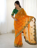 Yellow Georgette Lace Bandhani Saree