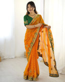 Yellow Georgette Lace Bandhani Saree