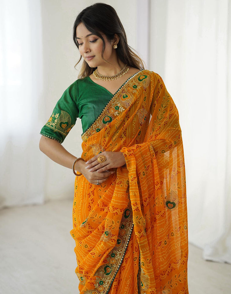 Yellow Georgette Lace Bandhani Saree