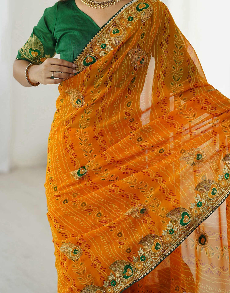 Yellow Georgette Lace Bandhani Saree