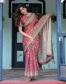 Dusty Rose Pink Shimmer Silk Printed Saree
