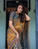 Dusty Blue Shimmer Silk Printed Kalamkari Saree