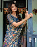 Light Navy Blue Shimmer Silk Printed Kalamkari Saree