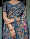 Light Navy Blue Shimmer Silk Printed Kalamkari Saree