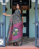 Light Navy Blue Shimmer Silk Printed Kalamkari Saree
