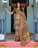 Brown Shimmer Silk Printed Saree