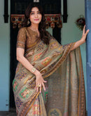 Brown Shimmer Silk Printed Saree