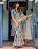 Blue Shimmer Silk Printed Kalamkari Saree