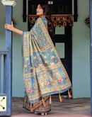 Blue Shimmer Silk Printed Kalamkari Saree