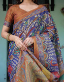 Blue Shimmer Silk Printed Kalamkari Saree