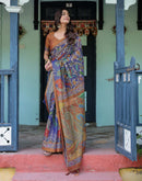 Blue Shimmer Silk Printed Kalamkari Saree