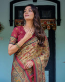Beige Shimmer Silk Printed Saree