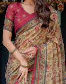 Beige Shimmer Silk Printed Saree