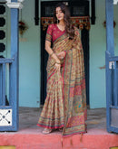 Beige Shimmer Silk Printed Saree