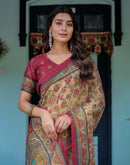 Beige Shimmer Silk Printed Saree