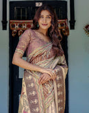 Beige Shimmer Silk Printed Saree