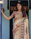 Beige Shimmer Silk Printed Saree