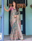 Teal Blue Shimmer Silk Printed Kalamkari Saree