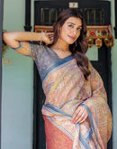 Beige Shimmer Silk Printed Saree
