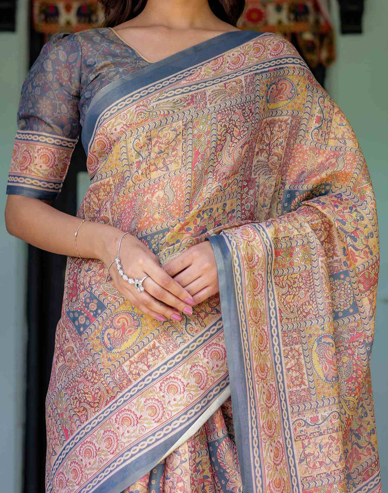 Beige Shimmer Silk Printed Saree