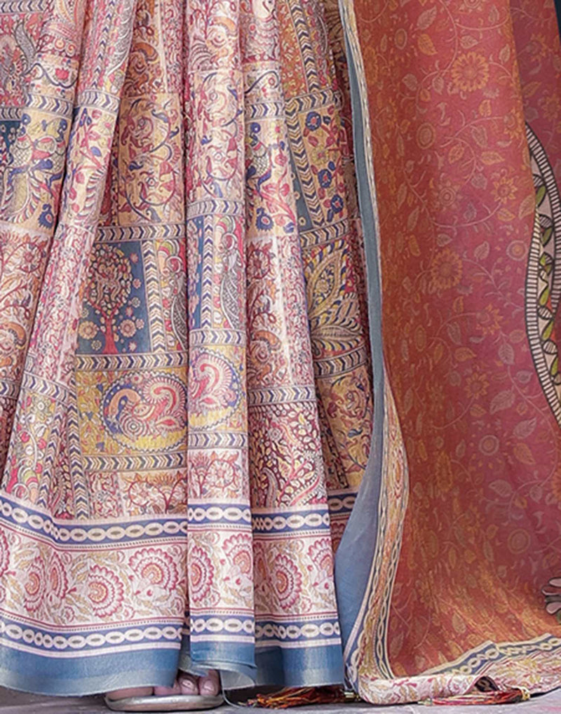 Beige Shimmer Silk Printed Saree