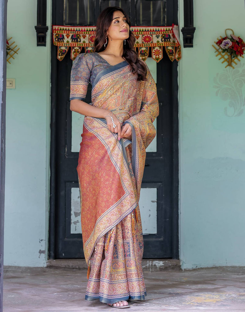 Beige Shimmer Silk Printed Saree